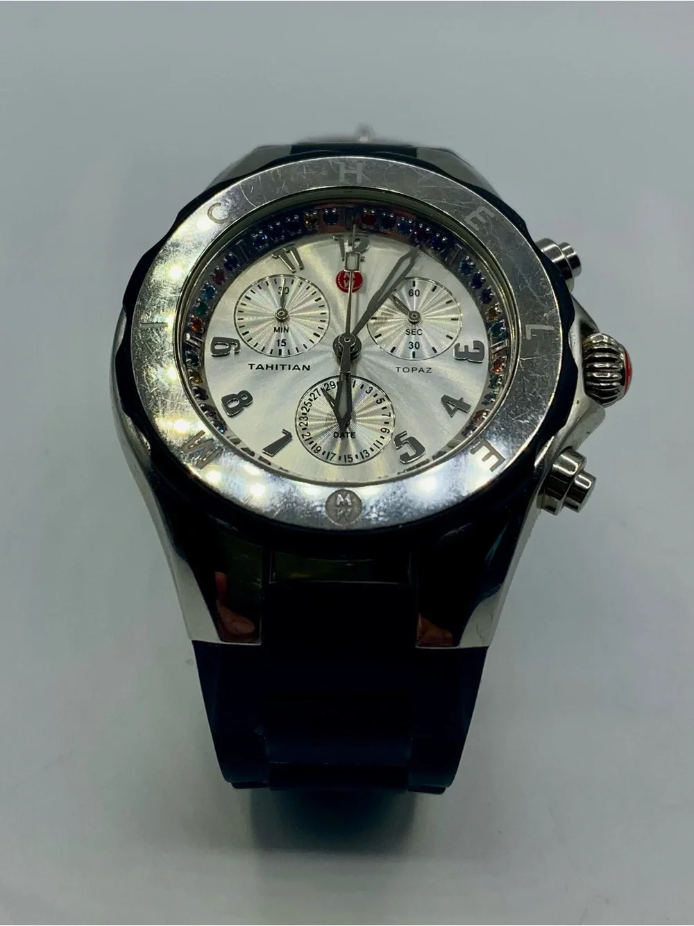 Tahitian Topaz Multi-Stone Chronograph Watch in Black and Silver